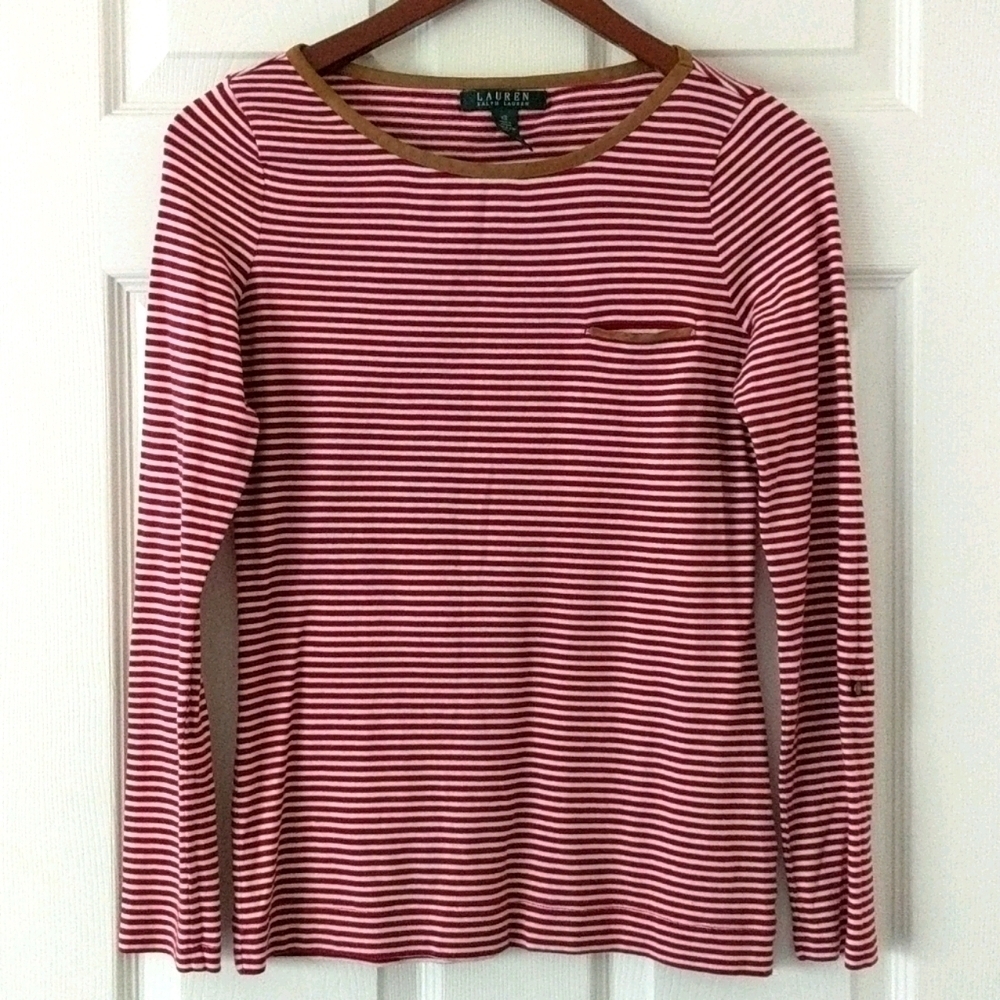 Lauren Ralph Lauren Striped Round Neck Long Roll Tab Sleeve Top Red White XS